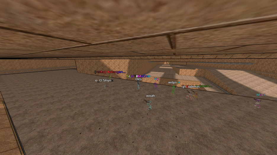 A brown sandy textured room with sandstone brick roof. Players are on a bridge standing around with colourful names. From left to right: Kotangens, Shynx, MxCrab, Des, woah, Vy, wdjzr, todimus, Guniacz, and Macii