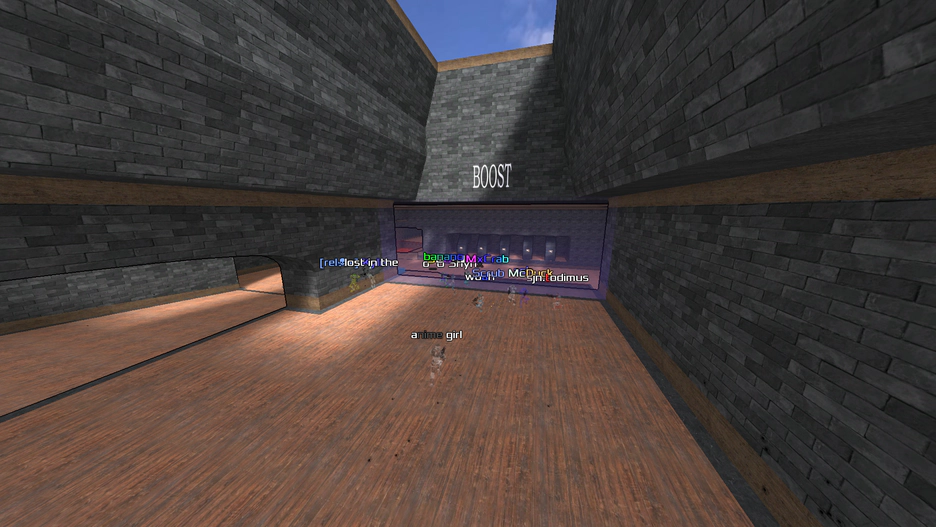 Wood textured floor, grey brick walls, players gather in front of a purple glowing window labelled &ldquo;BOOST&rdquo;. From left to right there&rsquo;s Kyle, lost, banano, shynx, anime girl, MxCrab, woah, Scrube McDuck, and todimus