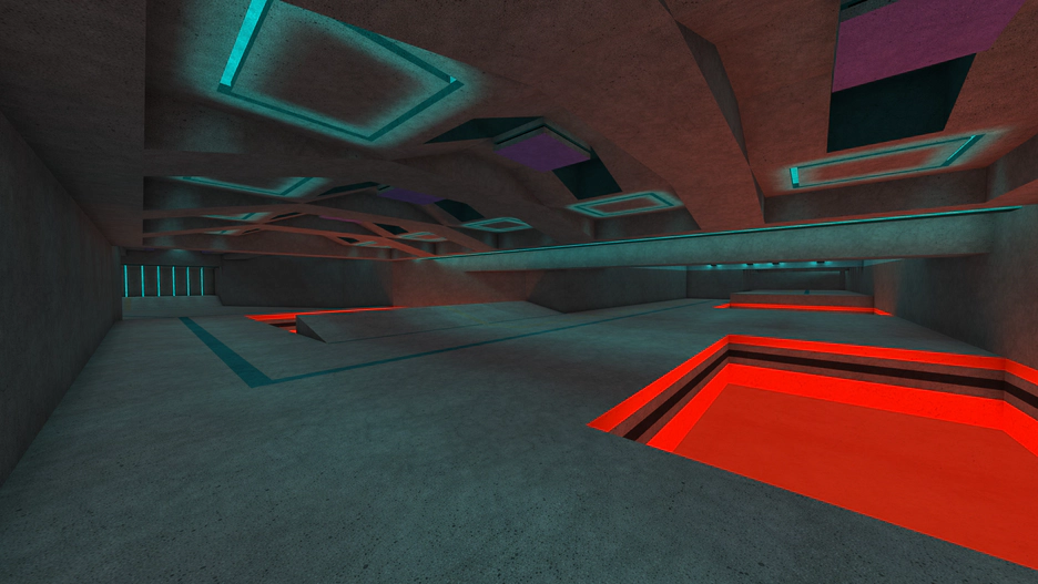 A view of a grey concrete map with blue lighting from hovering above a lava pool. There are no players because I forgot to take a picture this week