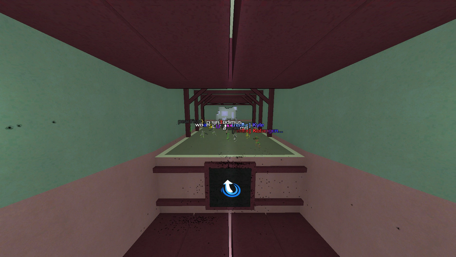 Flat textured green walls and floors, with brown woodish coloured roofs and side poles. In the lower middle of the screen is a jump button with a blue swooshy arrow on black background littered with bullet holes. Players in the pic are pearlfish, woah, Shynx, todimus, MxCrab, Kyle, anime girl, and Kotangens