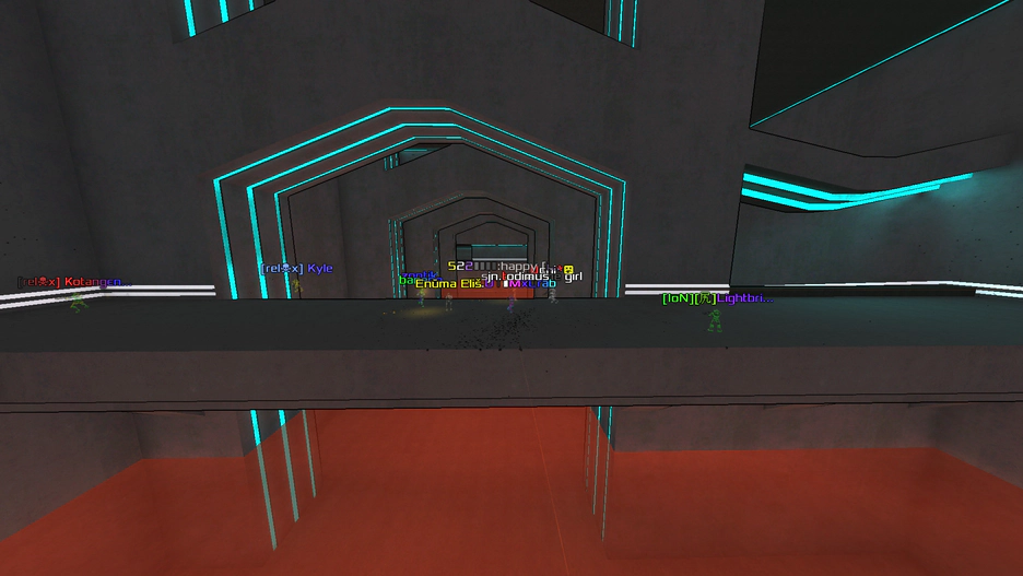 A large dark concrete arch with blue light strips in it, sat in a pool of lava. The players are on a narrow bridge in front. Players are Kotangens, Kyle, zontik, banano, Enuma Elis, MxCrab, 522, todimus, anime girl, Uchi, and Lightbringer