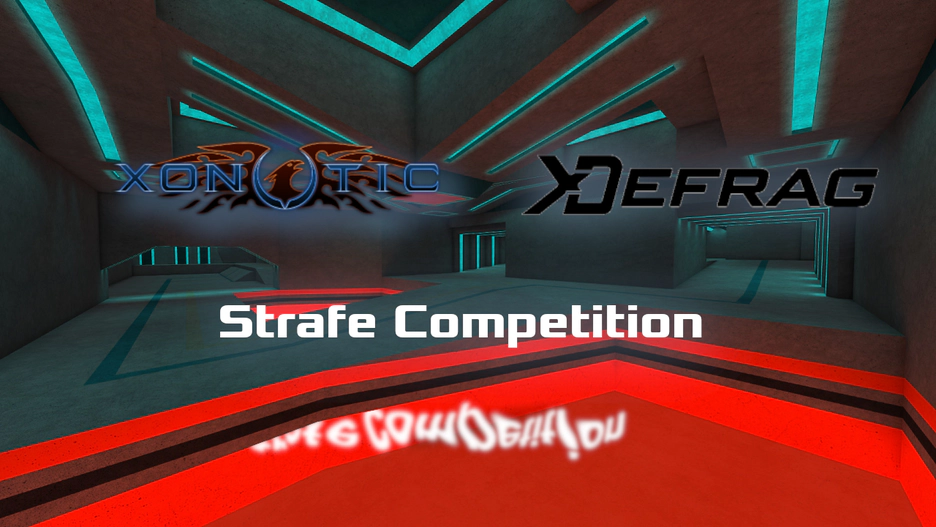 A view of a grey concrete map with blue lighting from hovering above a lava pool. The Xonotic logo, a blue font with a phoenix head in the centre O with wings branching behind the other letters is on the middle upper left, and the XDefrag logo in a similar font, but black where the XD is linked together is on the upper middle right. Below that is the text &ldquo;Strafe Compeition&rdquo; in white, reflected in the lava